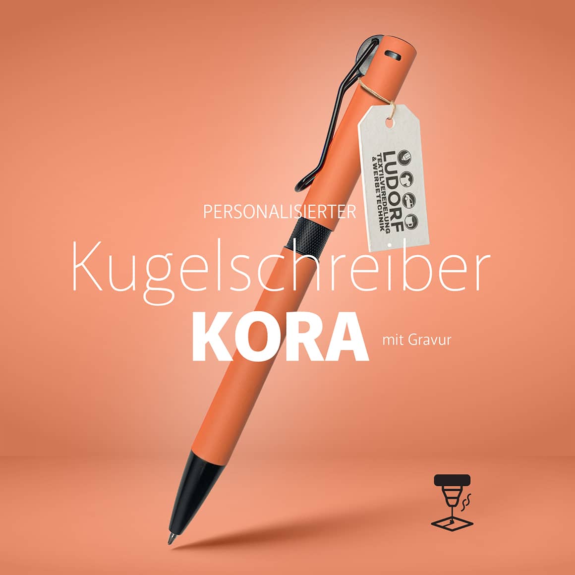 Personalisierter Kugelschreiber KORA mit Gravur – Soft-Touch-Aluminium-Kugelschreiber mit Kordelclip