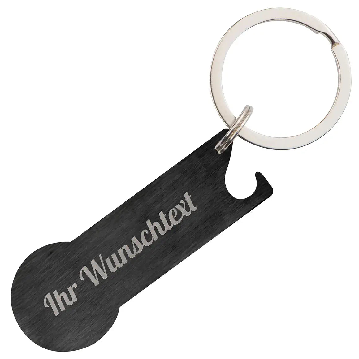 Schlüsselanhänger mit Einkaufschip und Flaschenöffner in Schwarz – personalisierbar