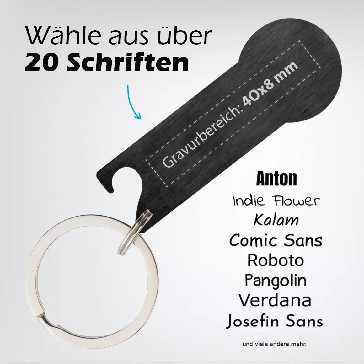 Personalisierbarer Schlüsselanhänger mit Einkaufschip – Auswahl aus 20 Schriftarten für Gravur
