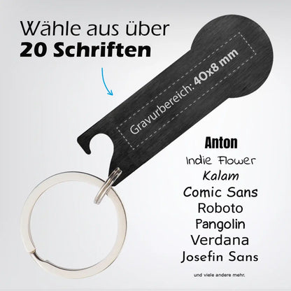 Personalisierbarer Schlüsselanhänger mit Einkaufschip – Auswahl aus 20 Schriftarten für Gravur