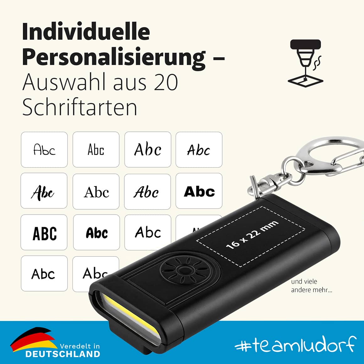 Schlüssellicht mit Gravur – personalisierte Mini-Arbeitslampe für Schlüsselbund Ludorf Textilveredelung & Werbetechnik