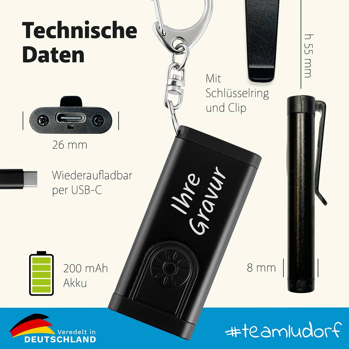 Schlüssellicht mit Gravur – personalisierte Mini-Arbeitslampe für Schlüsselbund Ludorf Textilveredelung & Werbetechnik