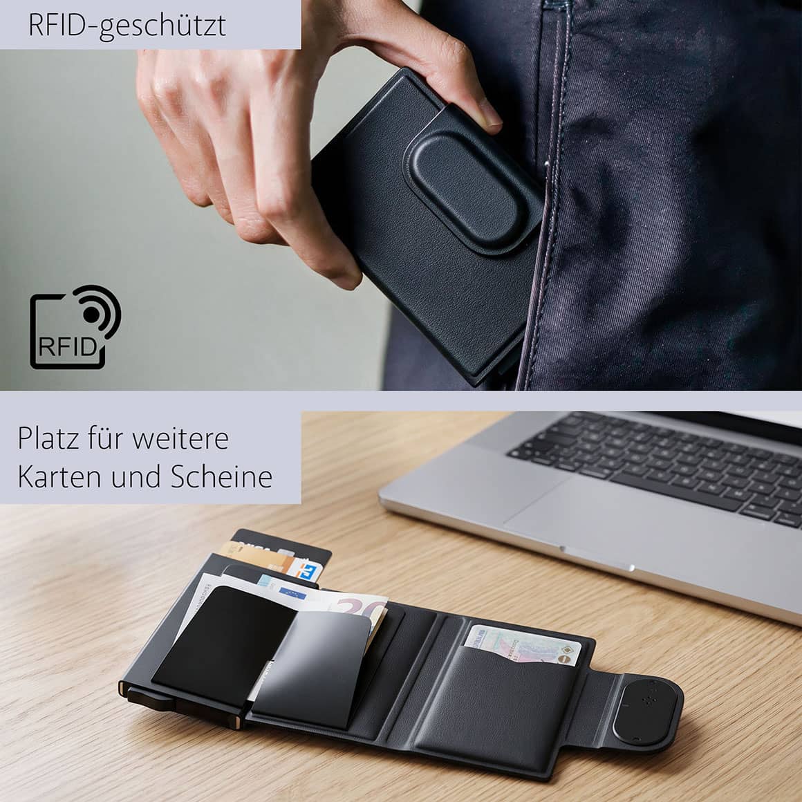 SmartWallet mit Maßen und Card-Dispenser zum Ausfahren der Karten