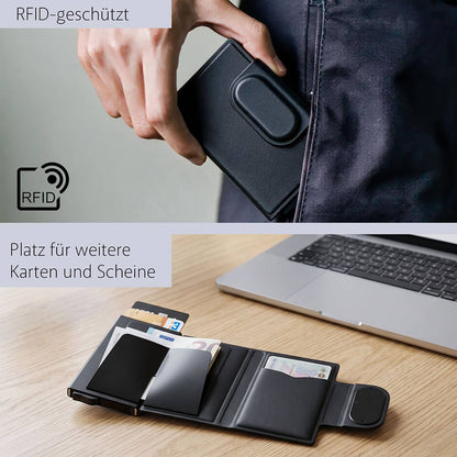 SmartWallet mit Maßen und Card-Dispenser zum Ausfahren der Karten