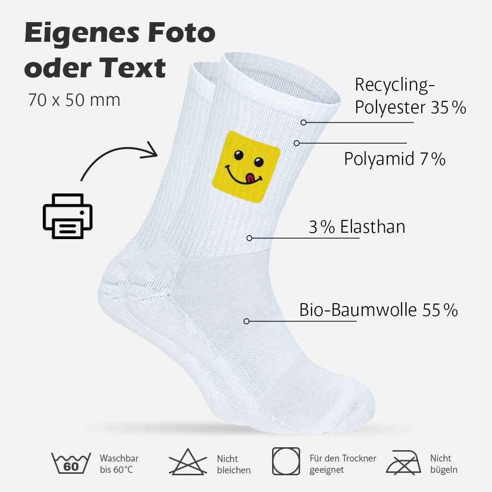 Erklärung zum Material und Druckbereich der Tennissocken – 5x7 cm beidseitig