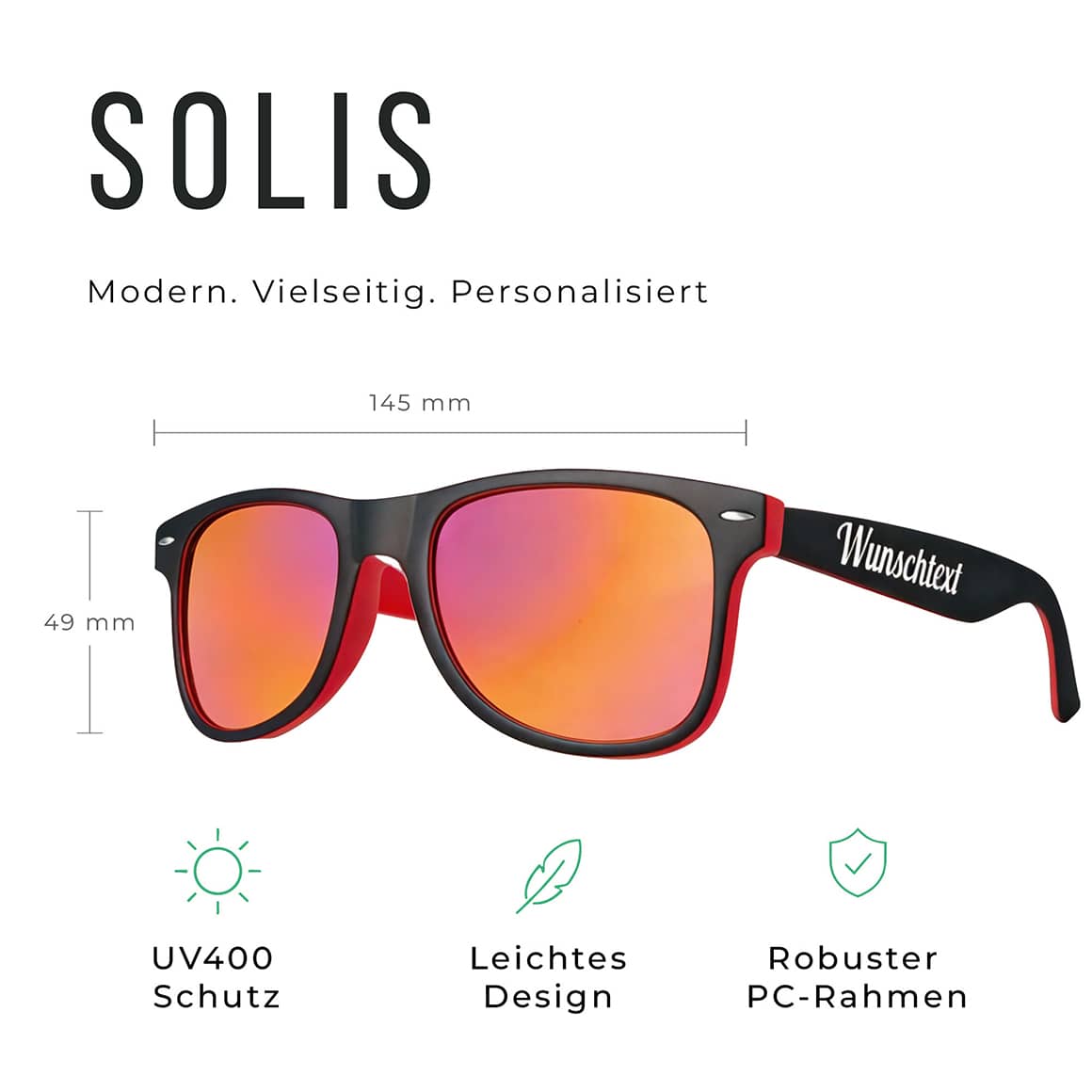 Technische Details der SOLIS Sonnenbrille mit Maßen und UV400 Schutz