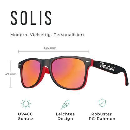 Technische Details der SOLIS Sonnenbrille mit Maßen und UV400 Schutz