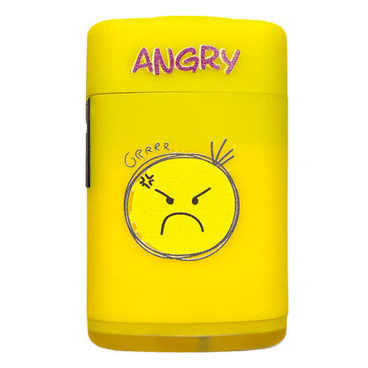Gelbes Sturmfeuerzeug mit ANGRY Emoji Motiv und windfestem Feuerstrahl