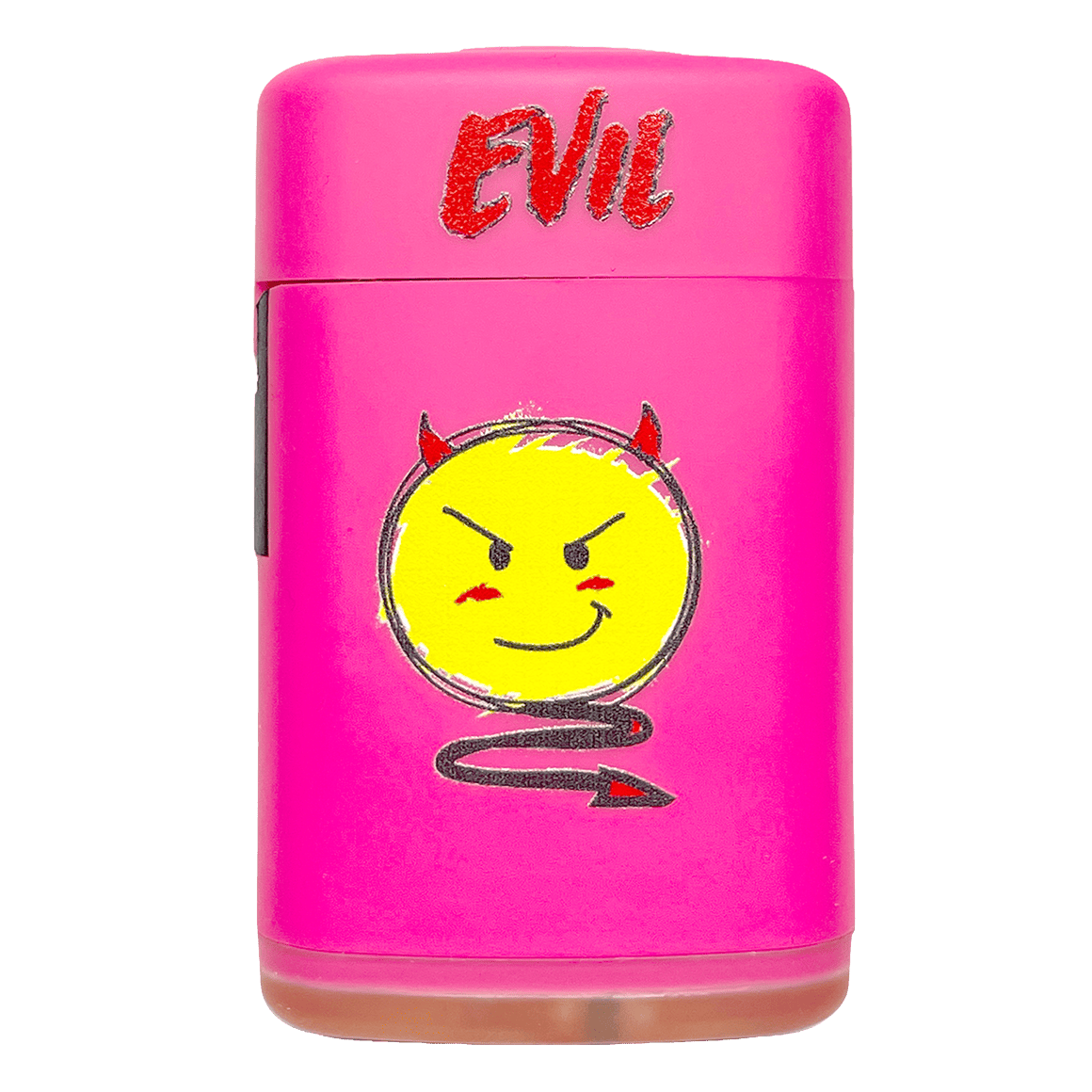 Pinkes Sturmfeuerzeug mit Emoji EVIL Motiv und windfester Jet-Flamme