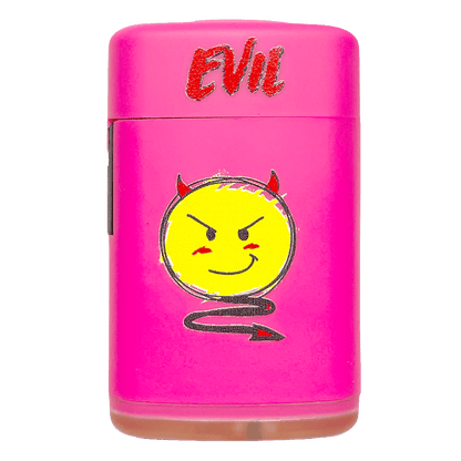 Pinkes Sturmfeuerzeug mit Emoji EVIL Motiv und windfester Jet-Flamme