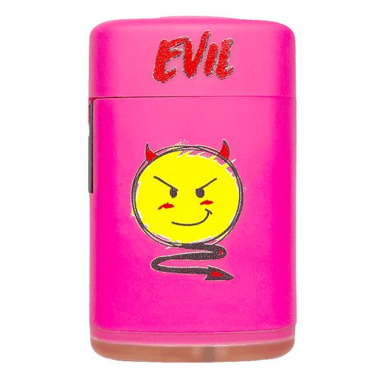 Pinkes Sturmfeuerzeug mit Emoji EVIL Motiv und windfester Jet-Flamme