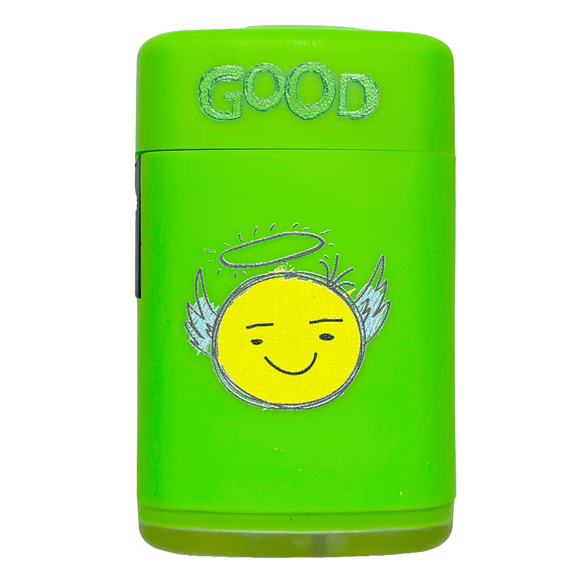 Grünes Sturmfeuerzeug mit Emoji GOOD Druck und robuster Jet-Flamme