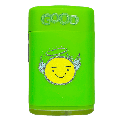 Grünes Sturmfeuerzeug mit Emoji GOOD Druck und robuster Jet-Flamme