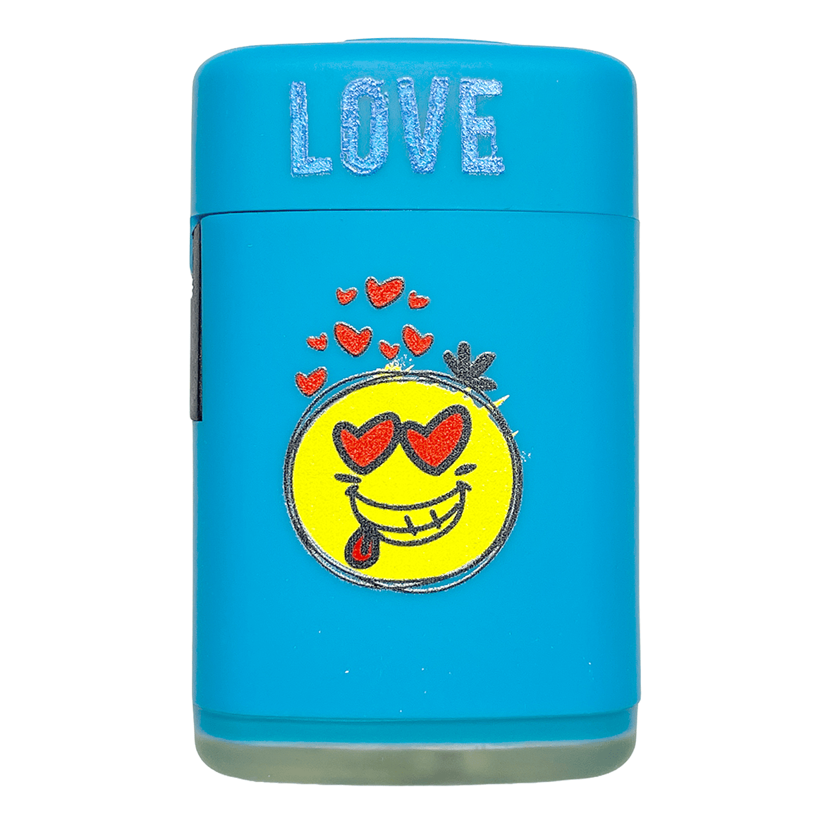 Blaues Emoji Sturmfeuerzeug mit LOVE Motiv als lustiges Geschenk