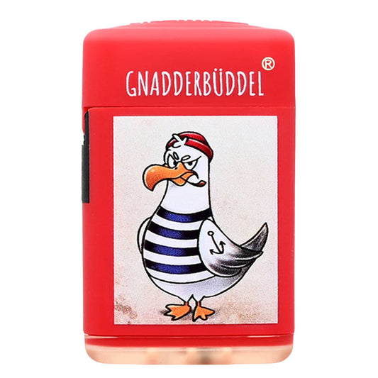 Rotes Sturmfeuerzeug „GNADDERBÜDDEL“ mit norddeutschem Spruch und Möwen-Motiv