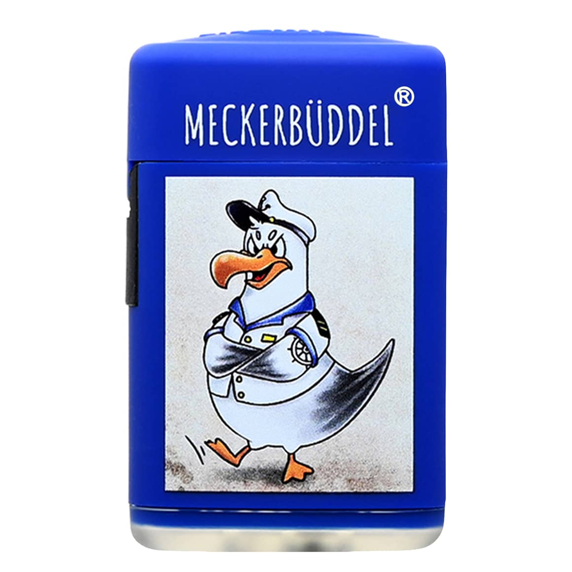 Blaues Sturmfeuerzeug „MECKERBÜDDEL“ mit Jet-Flamme und Möwen-Design