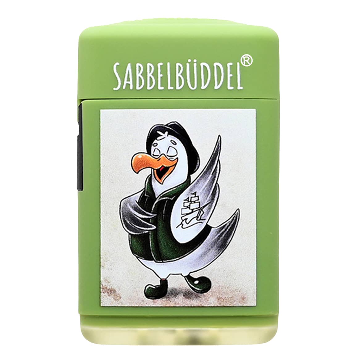 Grünes Sturmfeuerzeug „Sabbelbüddel“ mit Möwen-Motiv und Jet-Flamme