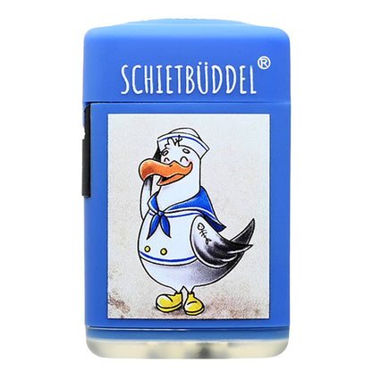 Hellblaues Sturmfeuerzeug „SCHIETBÜDDEL“ mit norddeutschem Humor und Möwen-Motiv