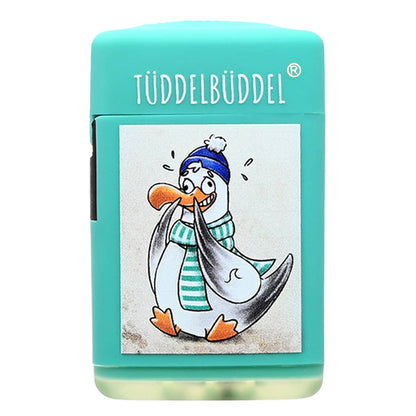 Türkises Sturmfeuerzeug „TÜDDELBÜDDEL“ mit maritimem Möwen-Design und Spruch