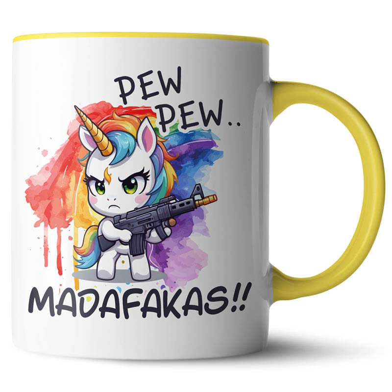 Gelb Kaffeetasse mit Einhorn-Motiv, das "Pew Pew Madafakas" ruft.