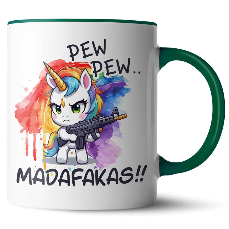 Gruen Kaffeetasse mit Einhorn-Motiv, das "Pew Pew Madafakas" ruft.