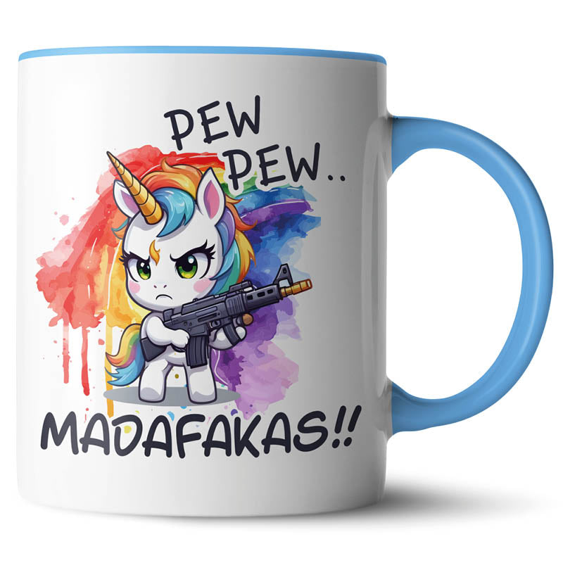Hellblau Kaffeetasse mit Einhorn-Motiv, das "Pew Pew Madafakas" ruft.