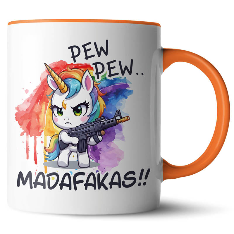 Orange Kaffeetasse mit Einhorn-Motiv, das "Pew Pew Madafakas" ruft.
