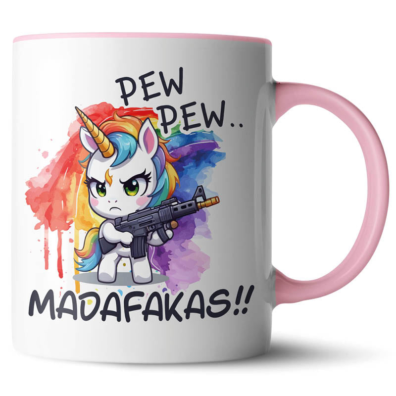 Pink Kaffeetasse mit Einhorn-Motiv, das "Pew Pew Madafakas" ruft.