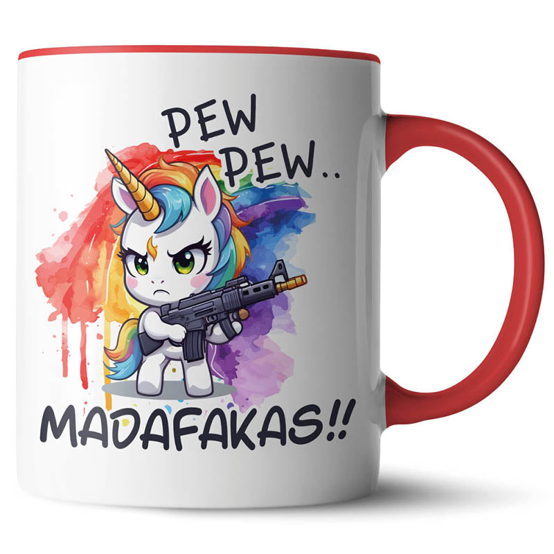 Rot Kaffeetasse mit Einhorn-Motiv, das "Pew Pew Madafakas" ruft.