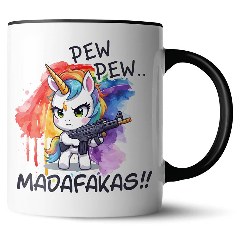 Schwarz Kaffeetasse mit Einhorn-Motiv, das "Pew Pew Madafakas" ruft.