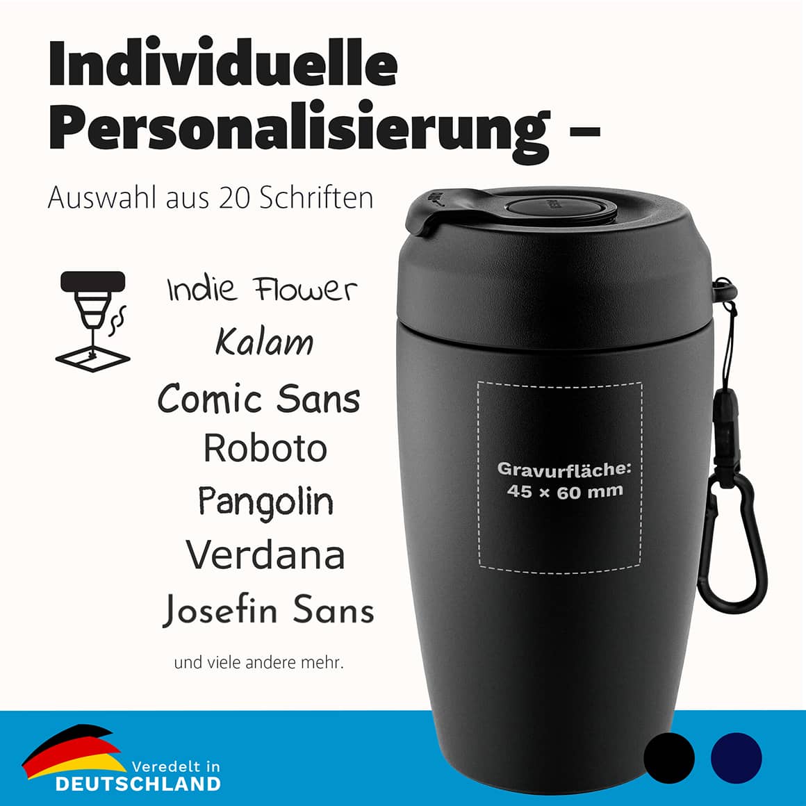 Thermobecher personalisierbar mit Gravur, Auswahl verschiedener Schriftarten und Designs