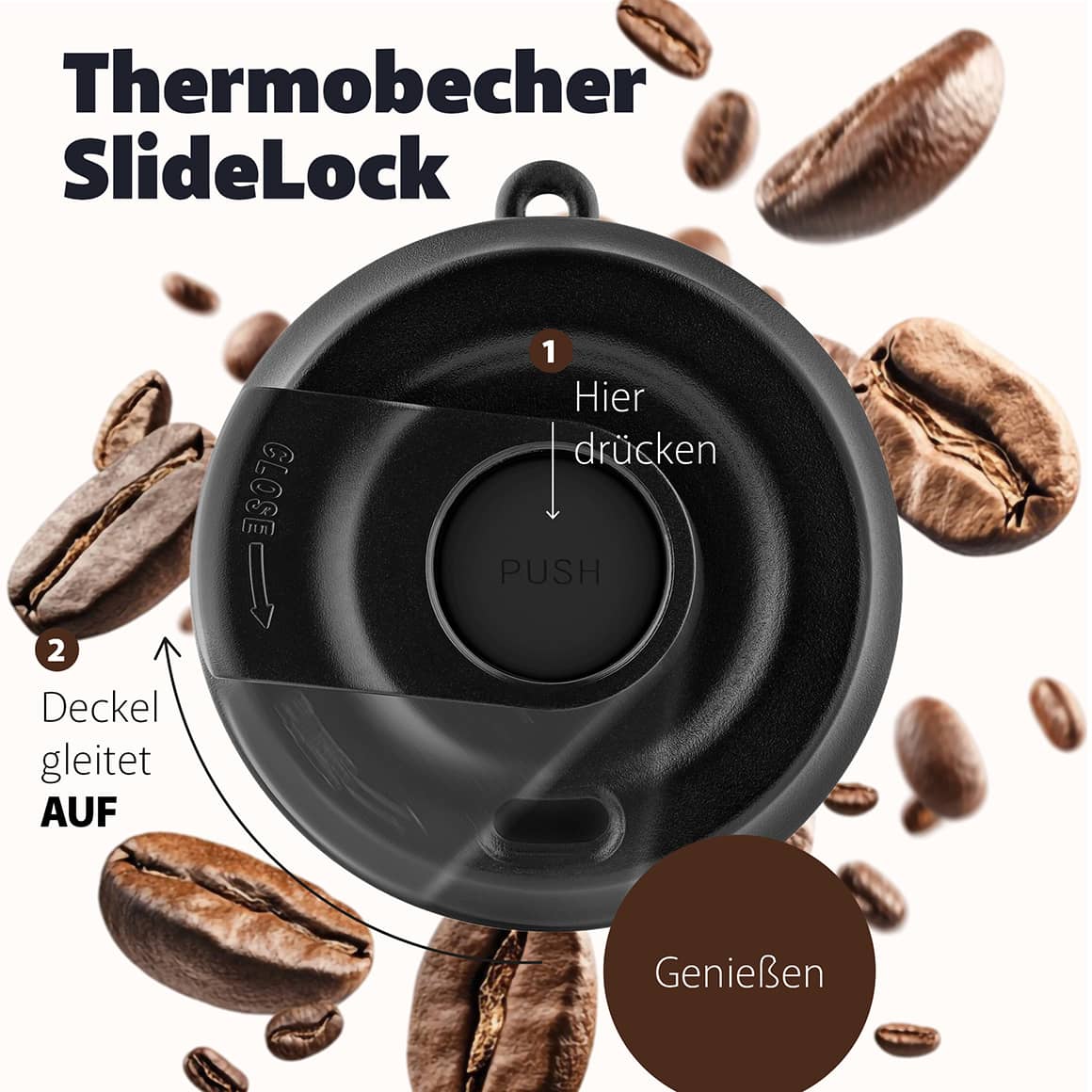 Thermobecher To Go mit Slider-Deckel, Einhandbedienung, Deckel öffnet seitlich