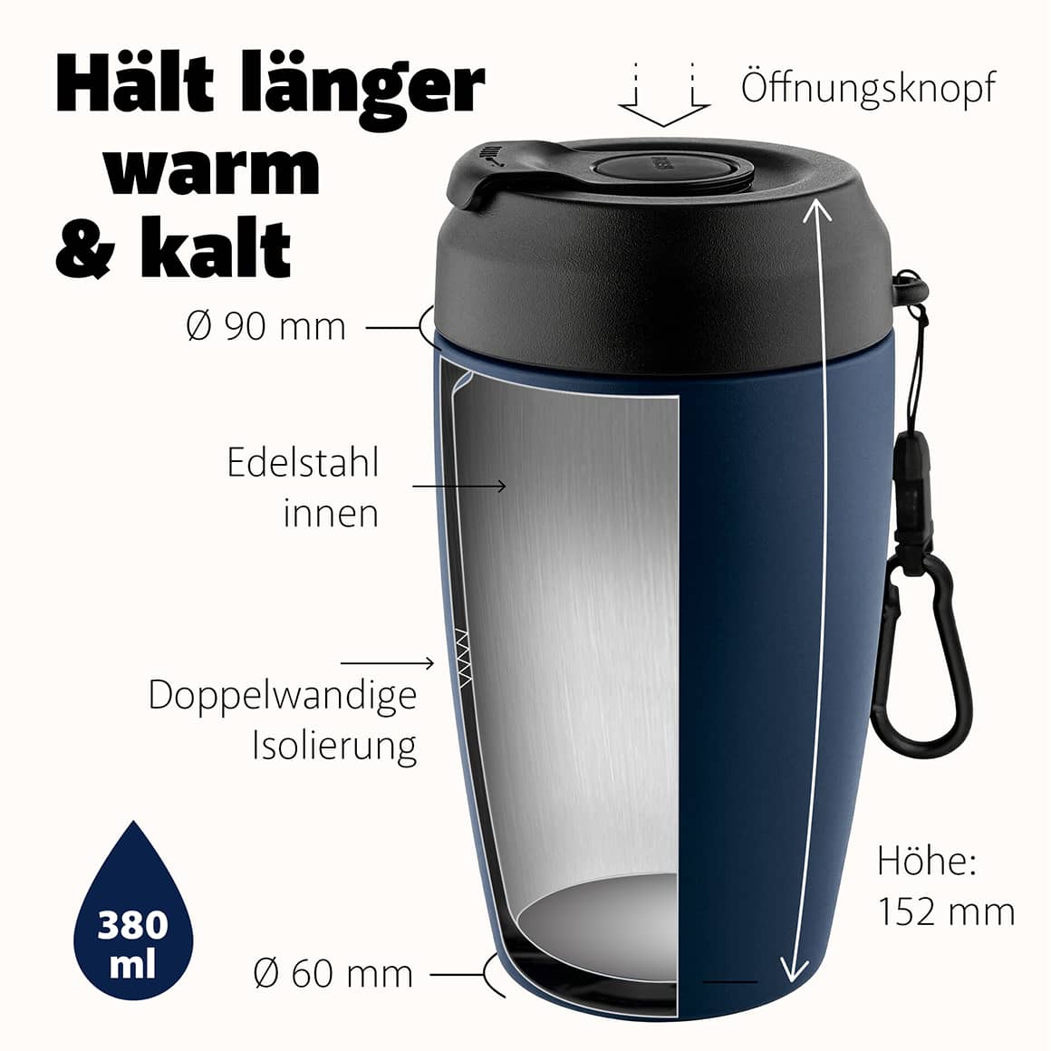 Thermobecher To Go Eigenschaften, Edelstahl, doppelwandig, isoliert, 380 ml