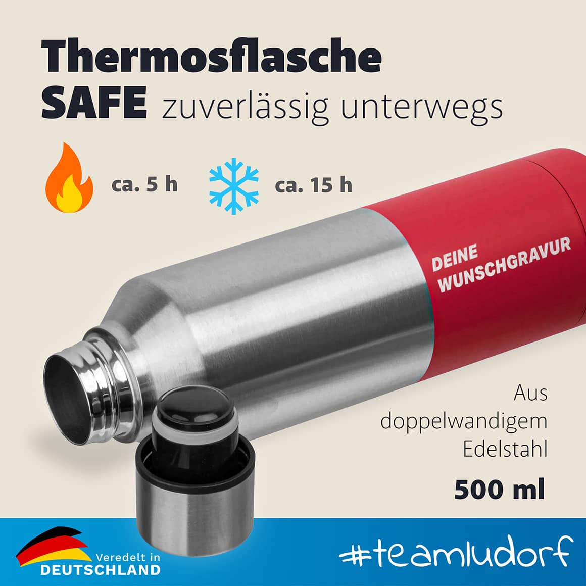 Thermosflasche SAFE hält Getränke lange heiß und kalt