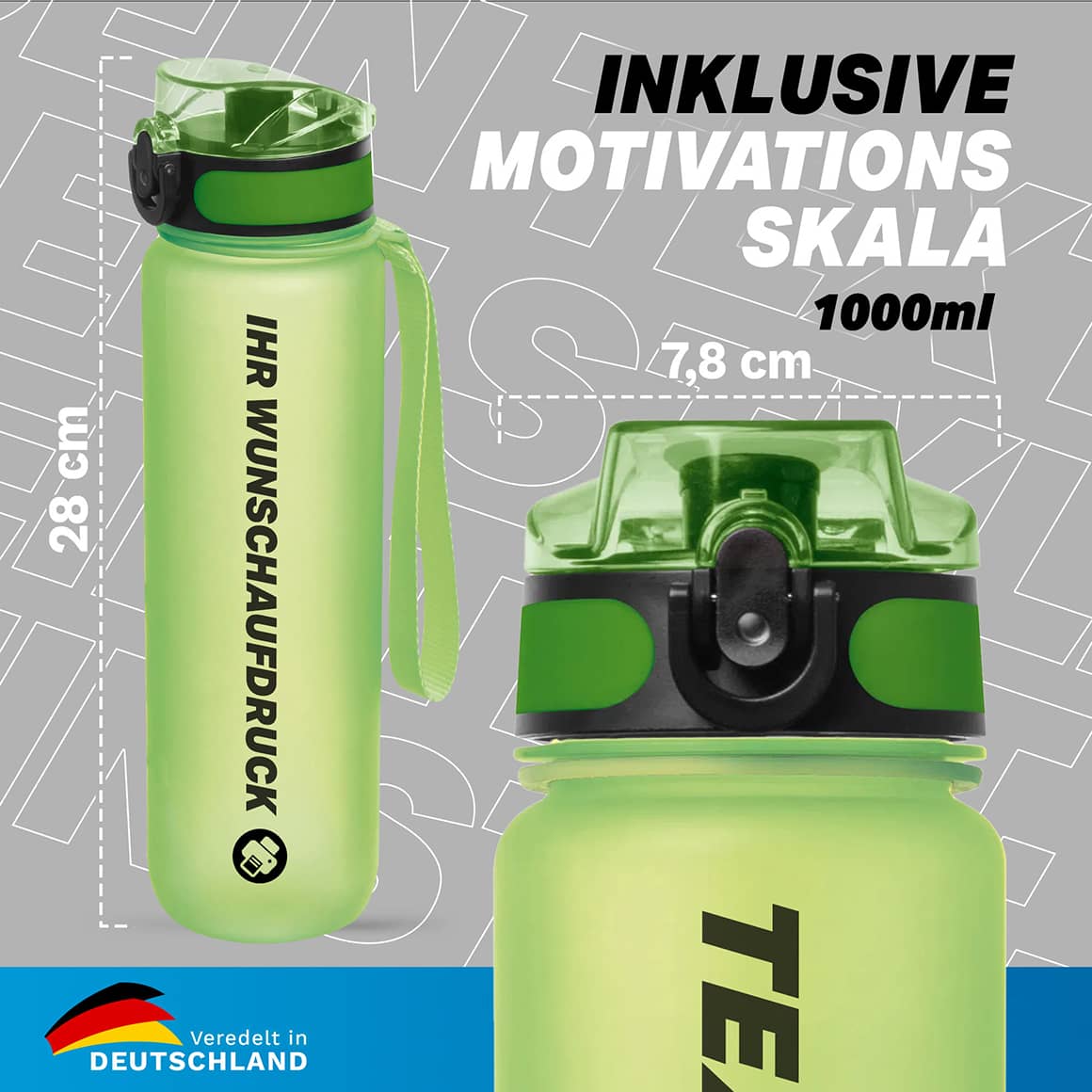 Trinkflasche CAMPOS 1000 ml – technische Maße: Höhe 280 mm, Durchmesser 78 mm, BPA-frei aus Tritan