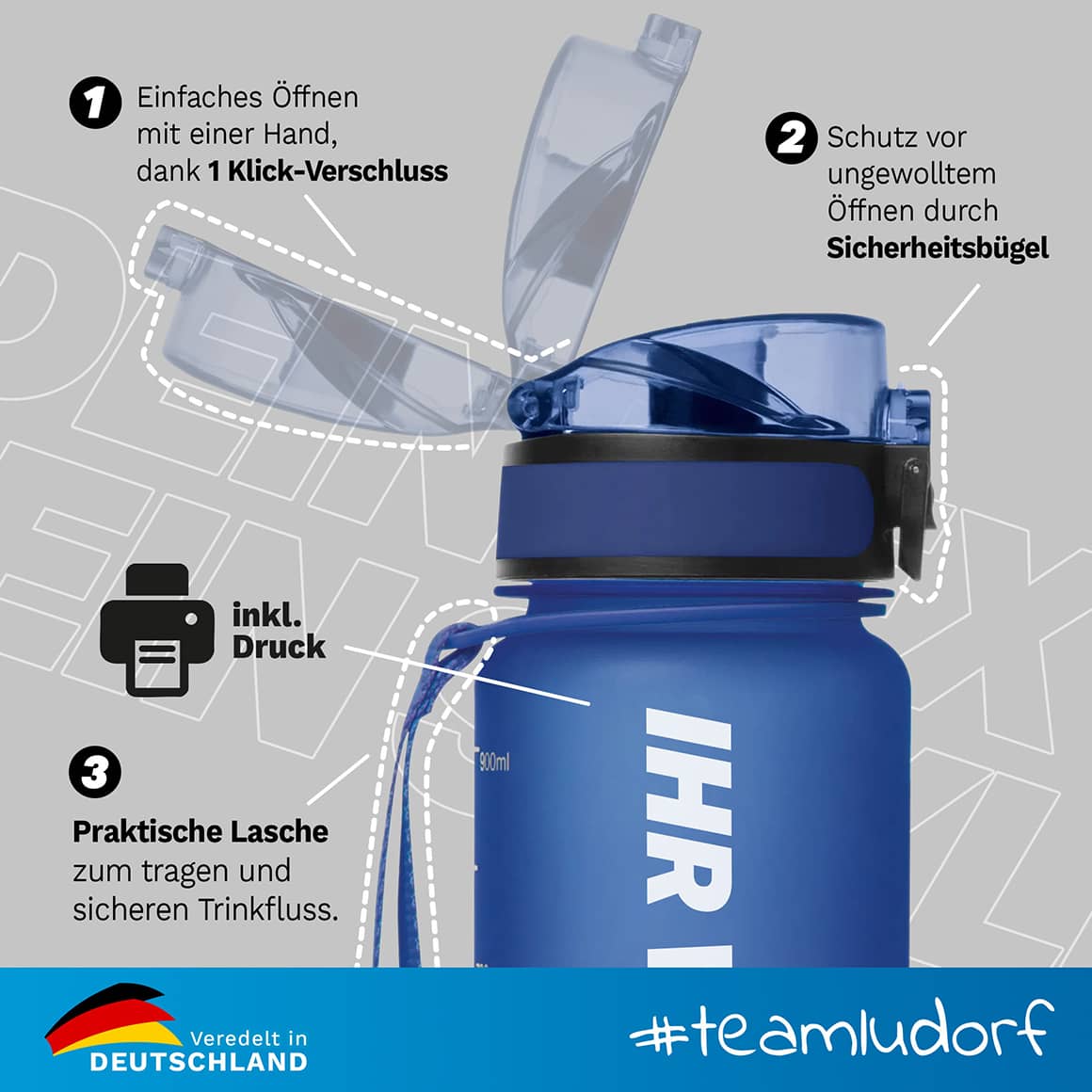 Trinkflasche CAMPOS 1000 ml – sicherer Verschluss, praktischer Trageriemen und individueller Druck mit Logo