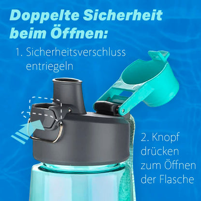 Detailaufnahme der geöffneten Trinkflasche TRIO mit auslaufsicherem Schraubdeckel – sicherer Trinkverschluss von #teamludorf