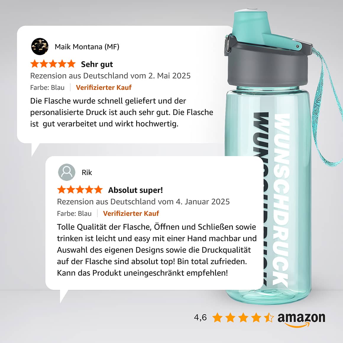 Kundenbewertungen für TRIO Trinkflasche mit personalisiertem Druck auf Amazon, durchschnittliche Bewertung 4,6 Sterne.