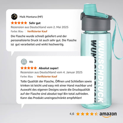 Kundenbewertungen für TRIO Trinkflasche mit personalisiertem Druck auf Amazon, durchschnittliche Bewertung 4,6 Sterne.