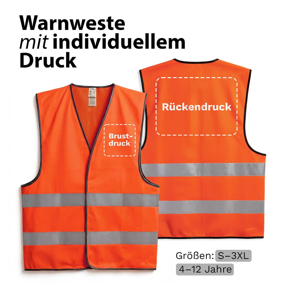Warnweste mit markierten Druckbereichen für Logo oder Text, personalisierbar, hochwertige Sicherheitsweste