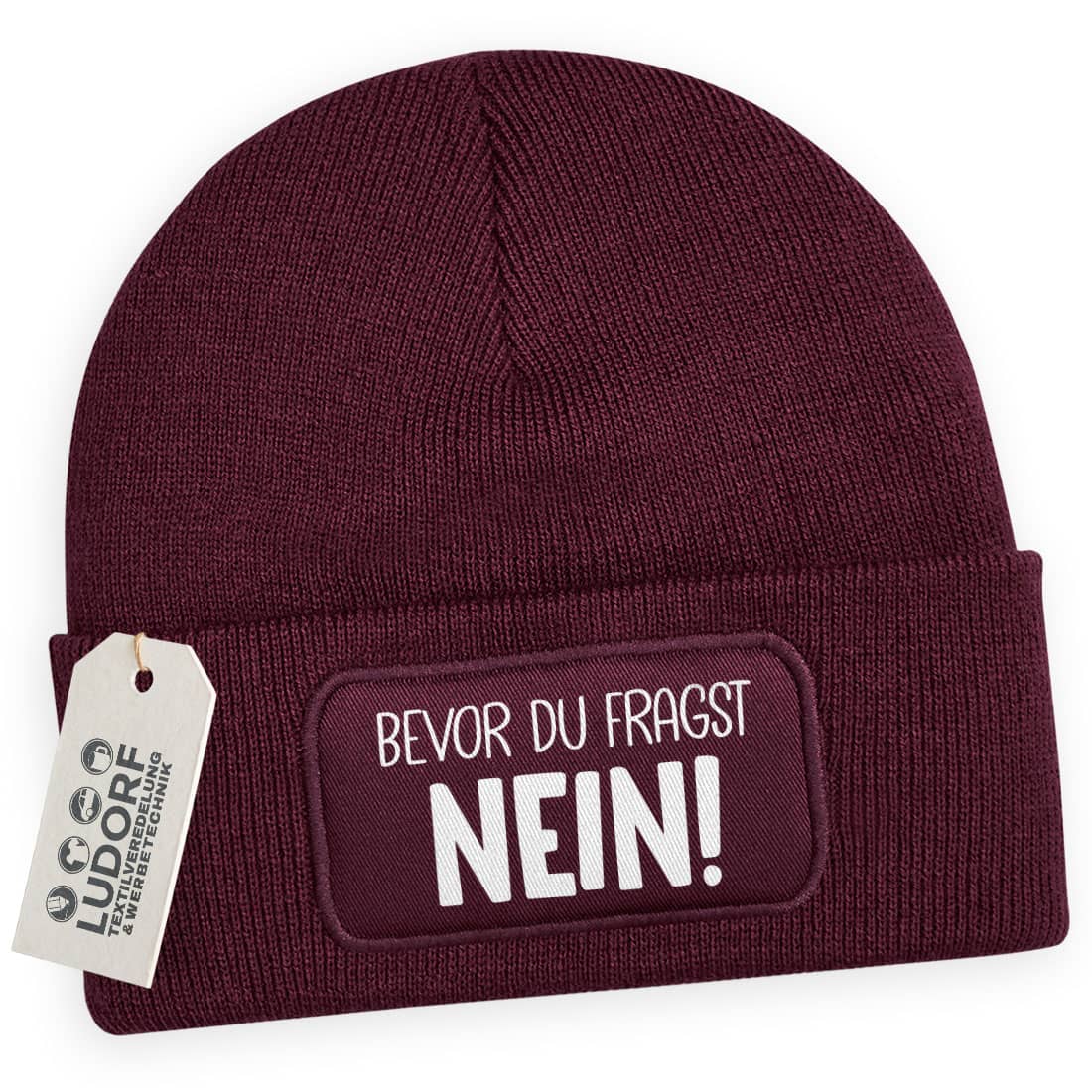 Burgundy Wintermütze mit Spruch ‚Bevor du fragst – Nein!‘