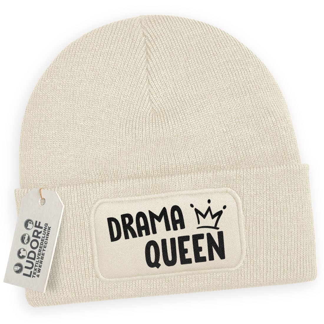 Beige Wintermütze mit Aufdruck ‚Drama Queen‘