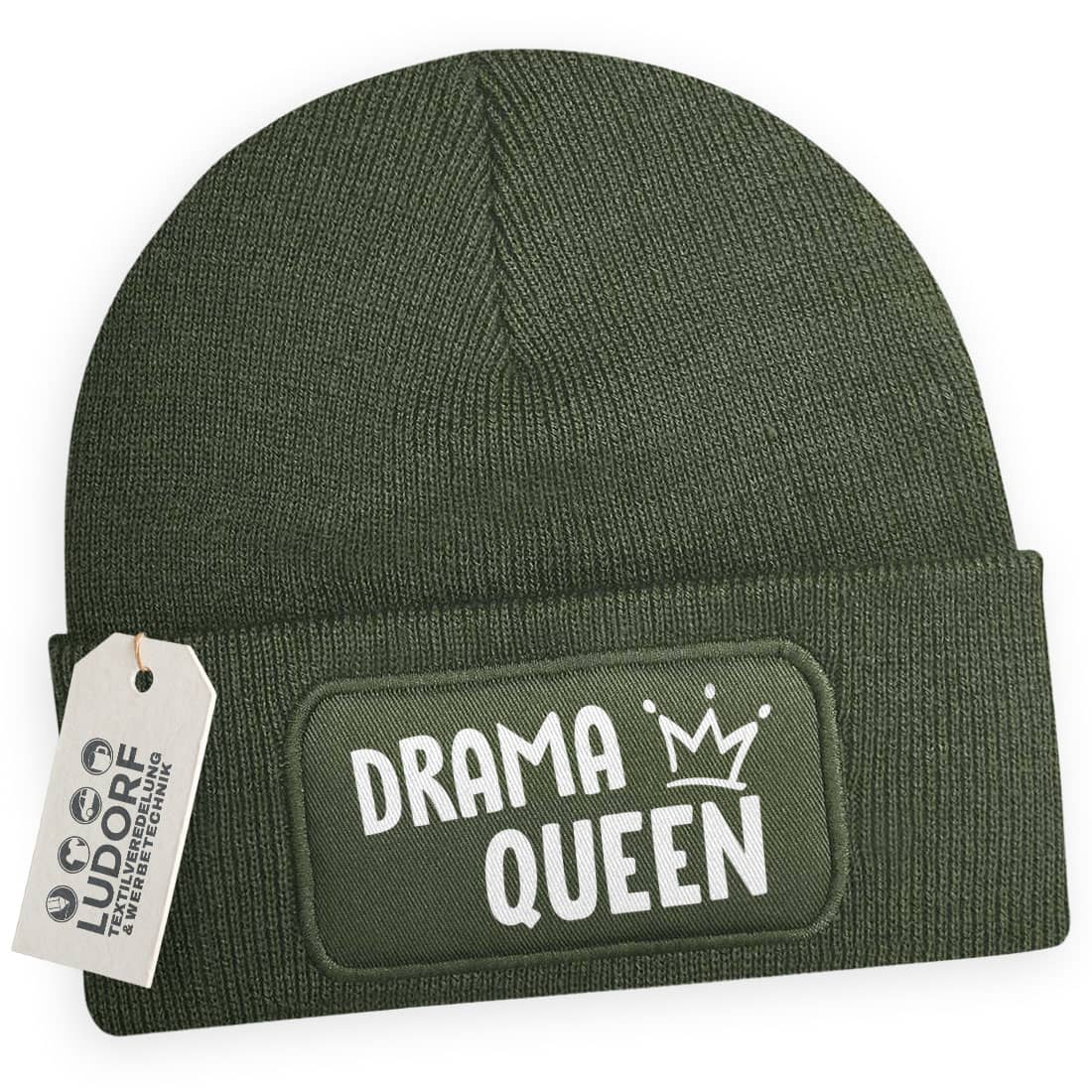 Olivgrüne Wintermütze mit Aufdruck ‚Drama Queen‘
