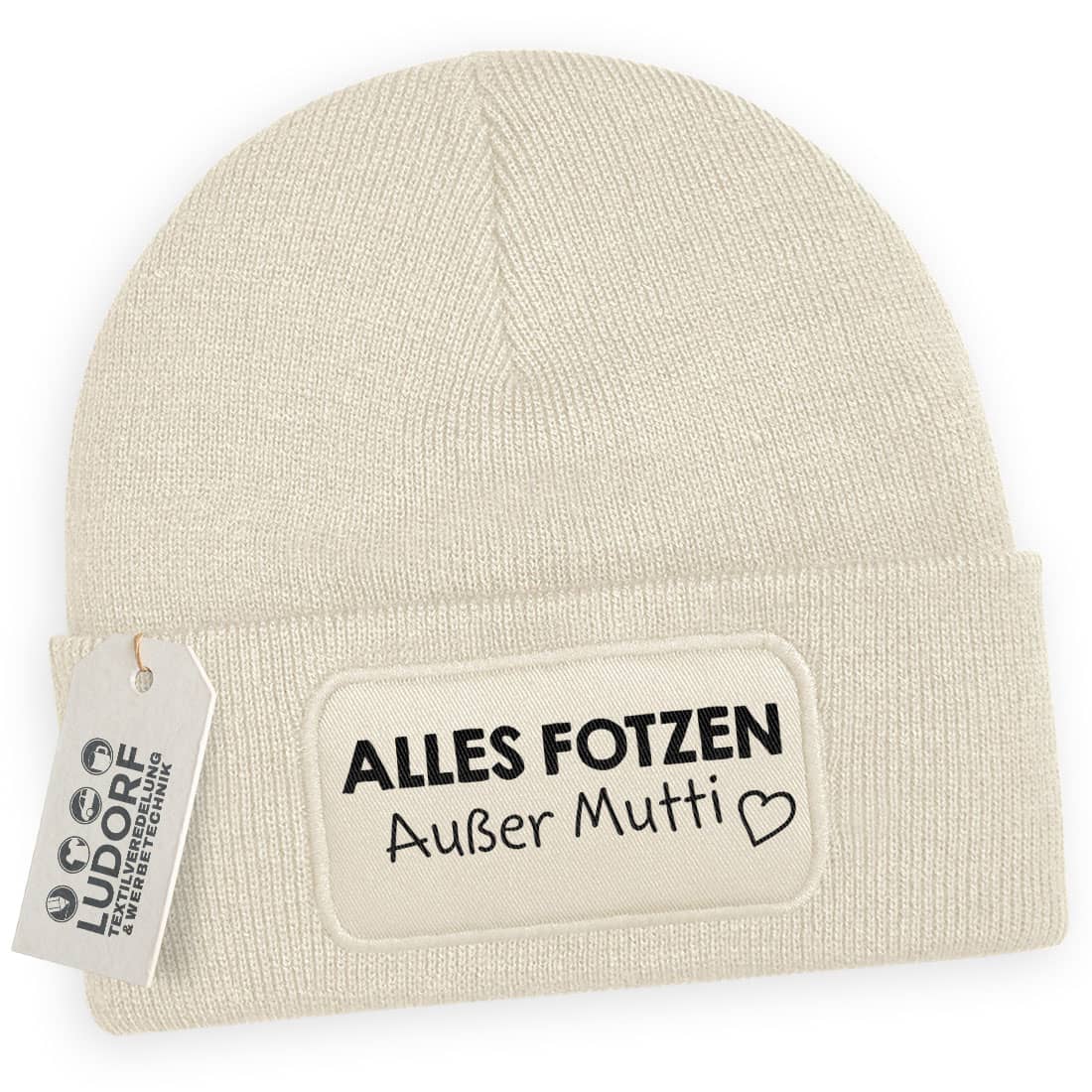 Beige Wintermütze mit frechem Spruch ‚Alles … außer Mutti‘