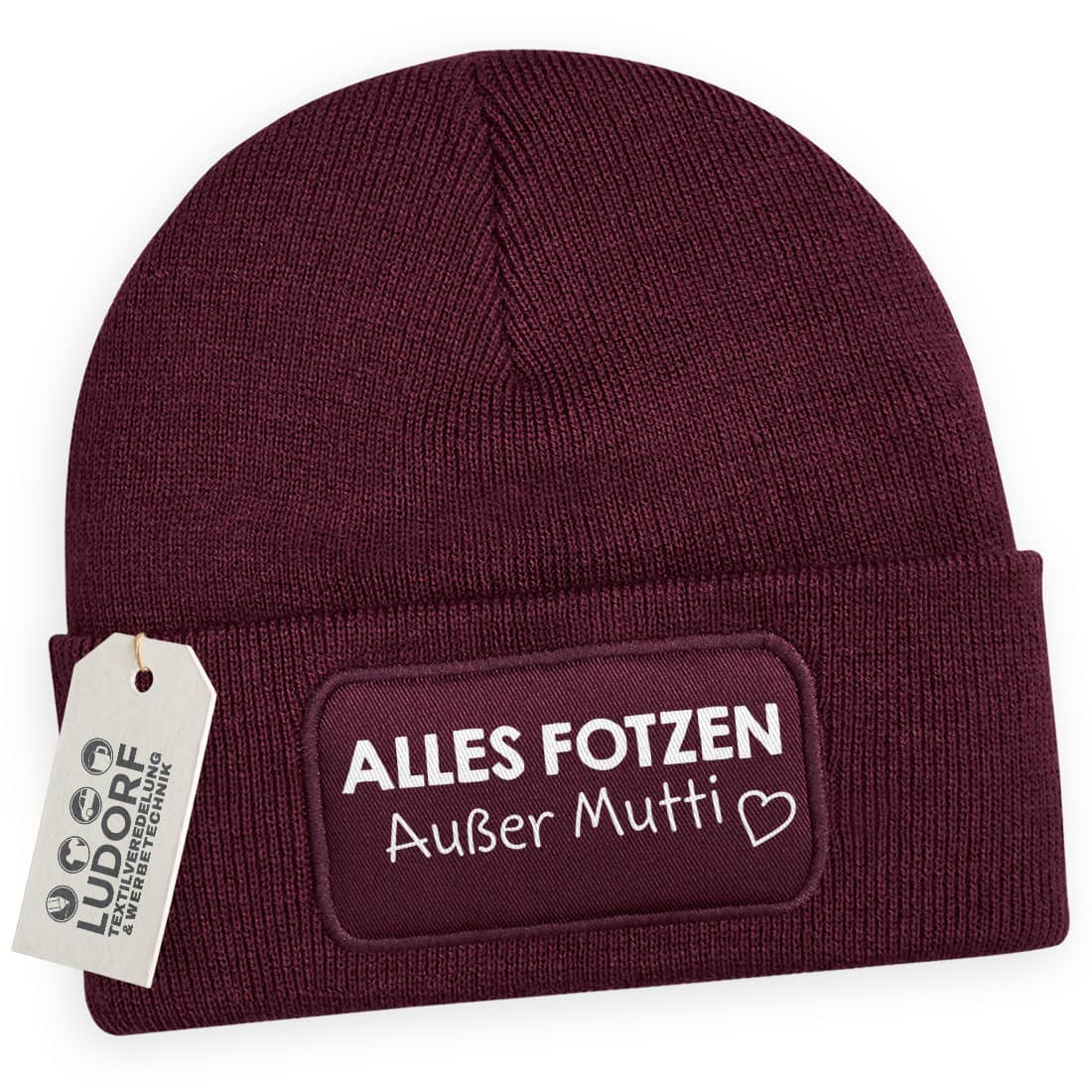 Burgundy Wintermütze mit frechem Spruch ‚Alles … außer Mutti‘