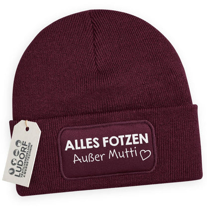 Burgundy Wintermütze mit frechem Spruch ‚Alles … außer Mutti‘