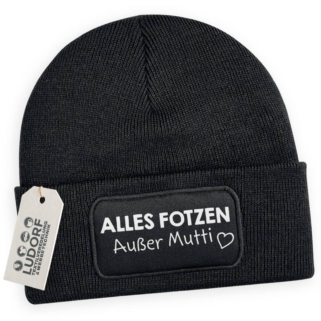 Schwarze Wintermütze mit frechem Spruch ‚Alles … außer Mutti‘