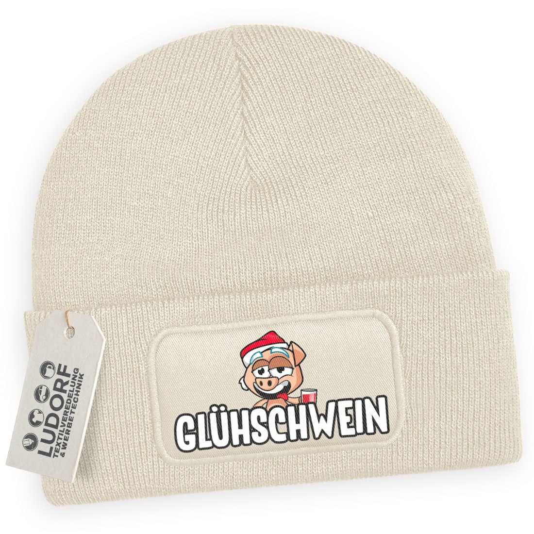 Wintermütze Glühschwein in Beige – Weihnachtsmütze, festlich, personalisierbar