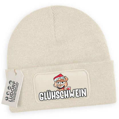 Wintermütze Glühschwein in Beige – Weihnachtsmütze, festlich, personalisierbar