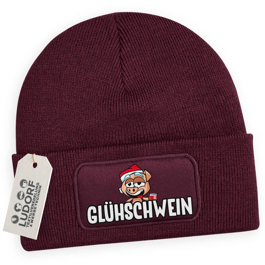 Wintermütze Glühschwein in Burgundy – Weihnachtsmütze, festlich, personalisierbar